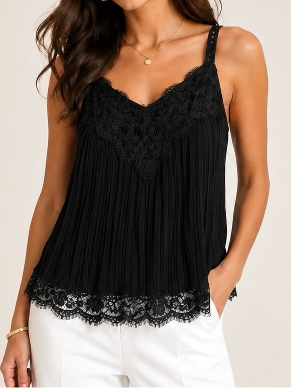 White House Black Market Black Pleated Lace Camisole Top – Size L